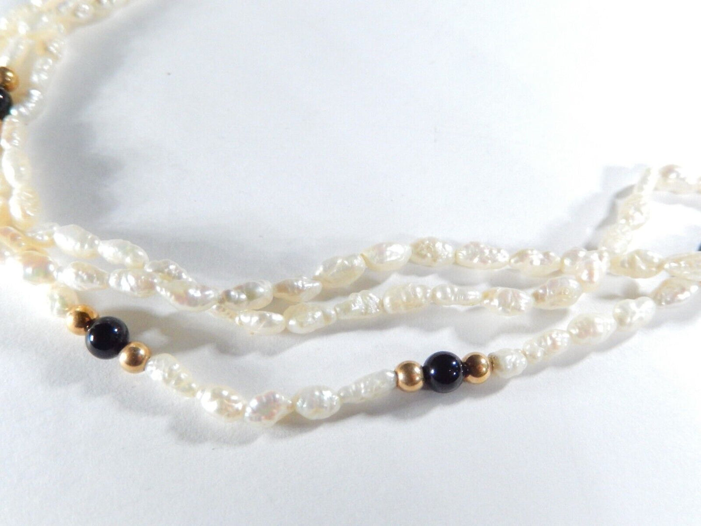 VINTAGE  16"  Genuine Rice Pearl and Gold Ball Three Strand Necklace w/14K Clasp