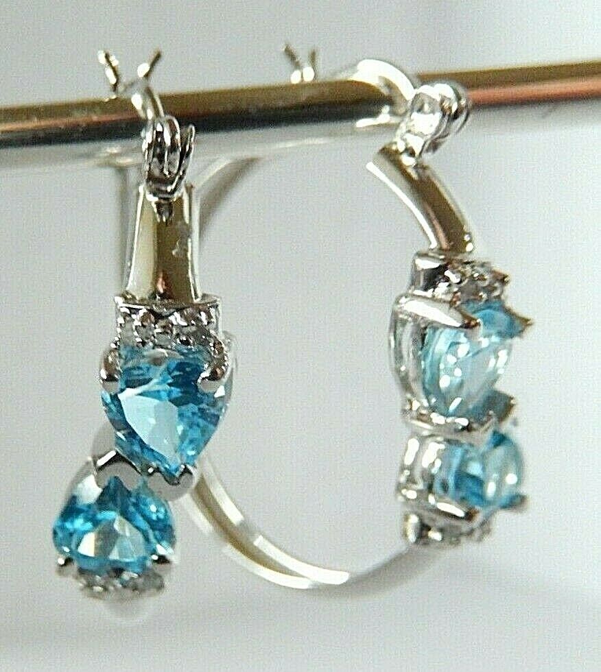 *NEW* 10K White Gold  LARGE 2.00CT BLUE TOPAZ AND DIAMONDS 25mm HOOP EARRINGS