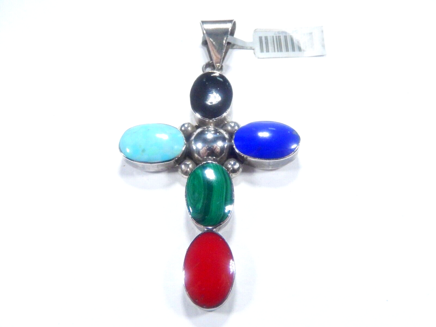 *VINTAGE*  Sterling Taxco Mexico Multi Gemstone Cross Pendant 3.5"  x  1.78"