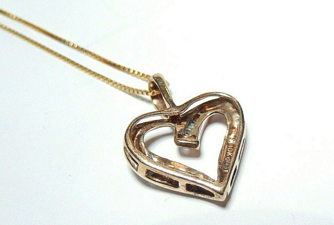 *VINTAGE* 10K YELLOW GOLD OPEN HEART BAGUETTE DIAMOND CLASSIC PENDANT w/18"Chain