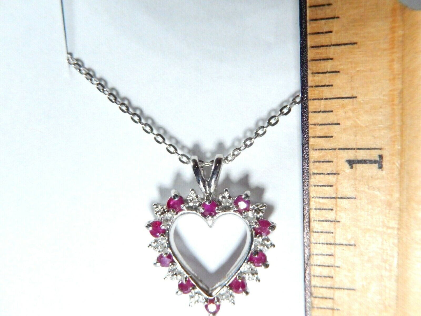 *NWT*  10k White Gold Natural Ruby & Diamond Open Heart  Pendant w/18" Chain