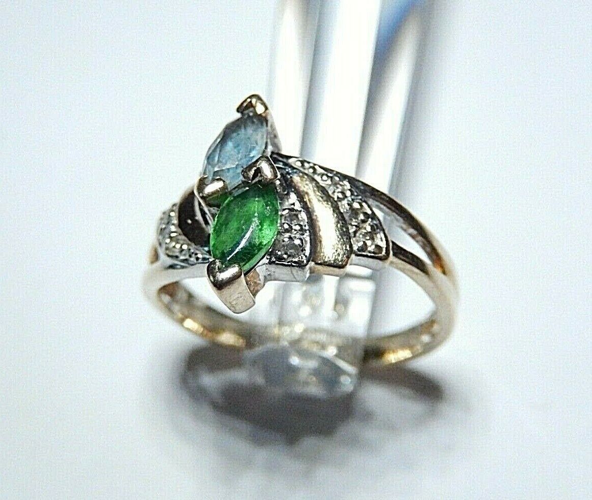 *VINTAGE* 10k Yellow Gold Marquise Blue Topaz & Emerald Ring With Diamonds 6.25