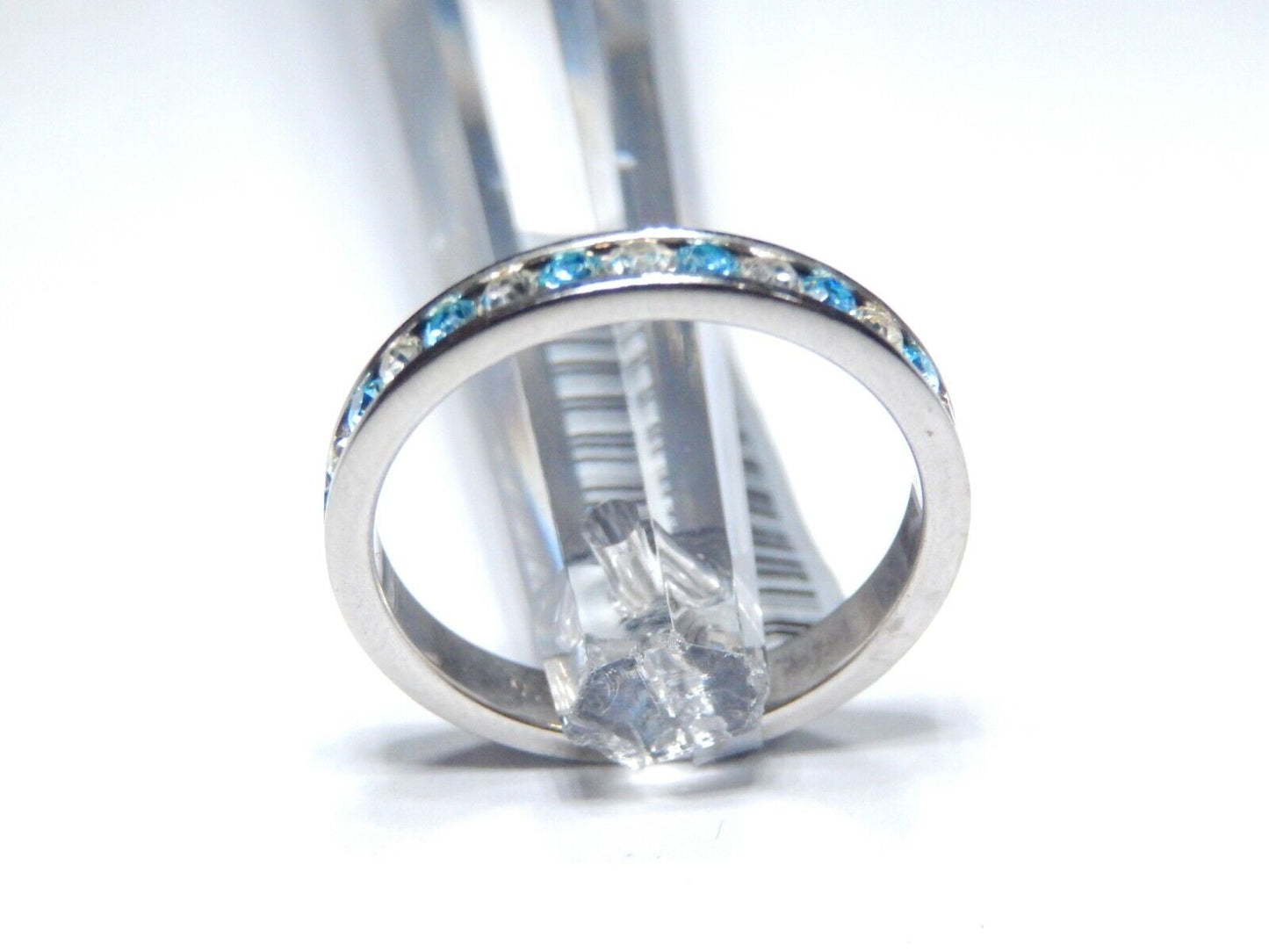 *VINTAGE*  3mm  Swiss Blue Topaz & CZ Eternity Band Ring in Sterling Silver Sz 7