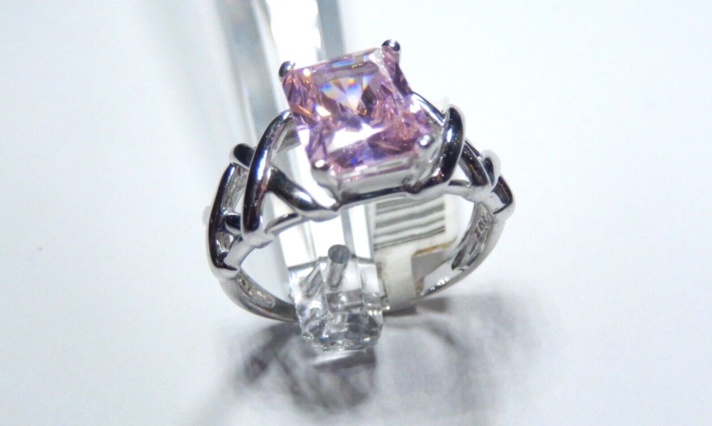 10K White Gold 3.00 CT  Pink CZ Emerald Cut Ring Size 9.25