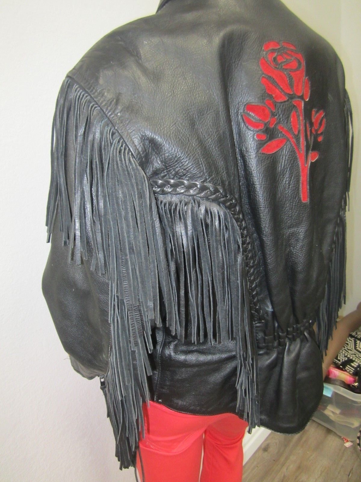 HUDSON LEATHER VINTAGE THICK HEAVY FRINGE RED FLOWER MOTORCYCLE JACKET LINED