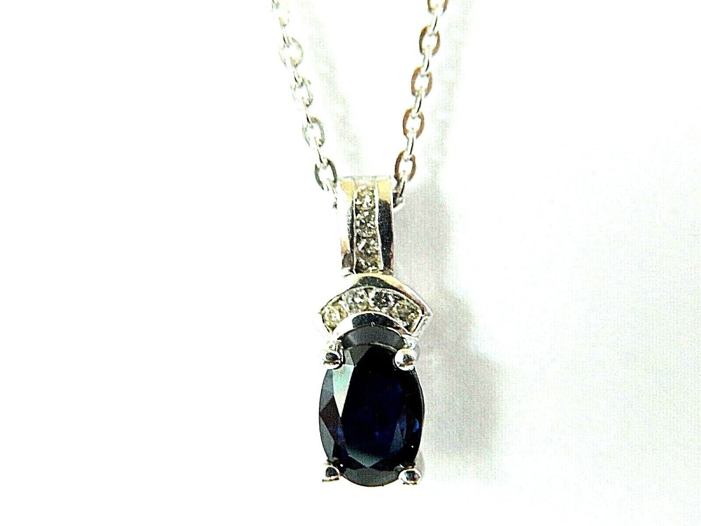14k White Gold Natural Blue Sapphire & Diamond Pendant Necklace with 18" Chain