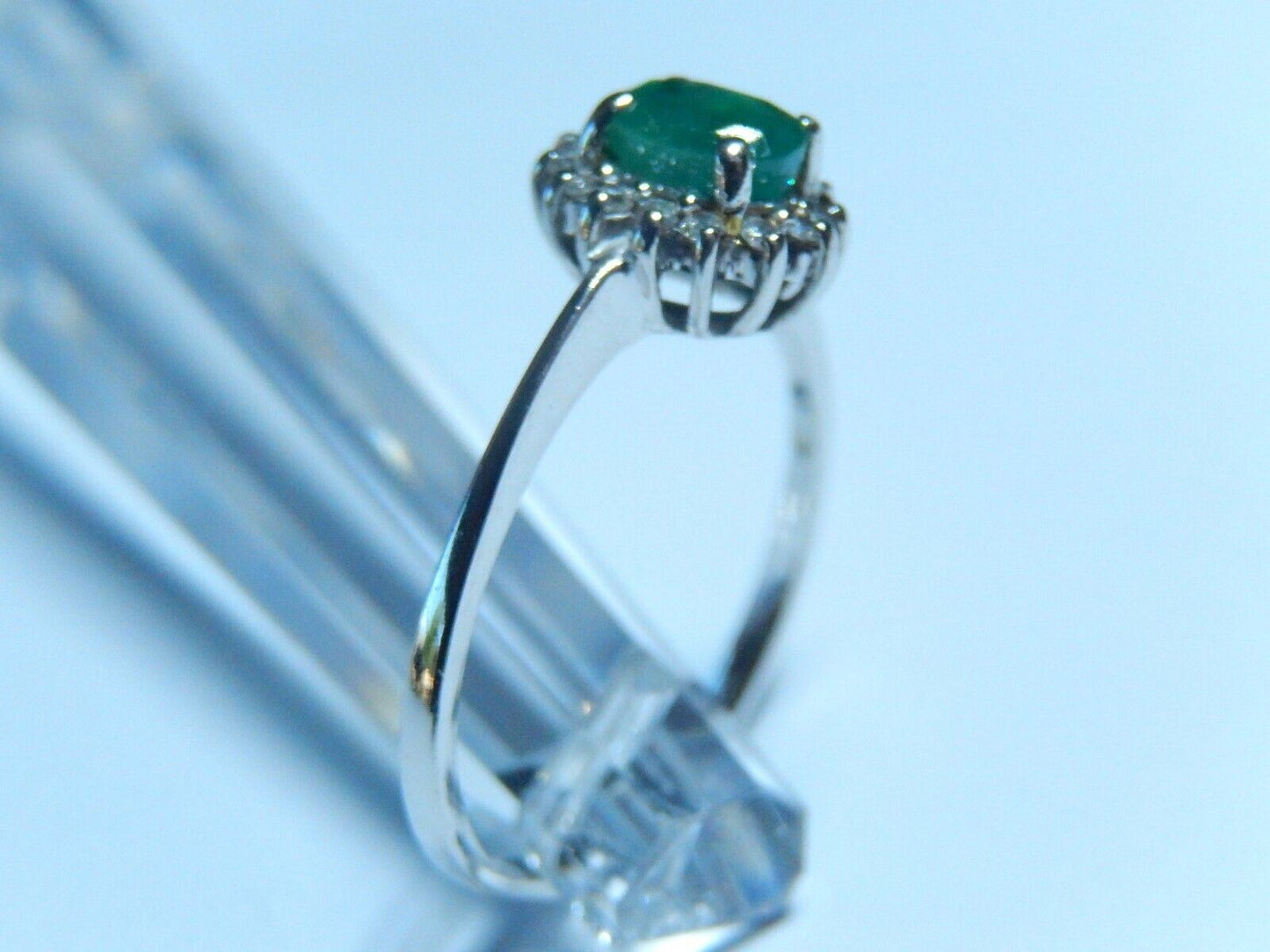 Vintage  1/2Carat Natural Emerald and Diamond Halo Ring 14k White Gold Size 8.25