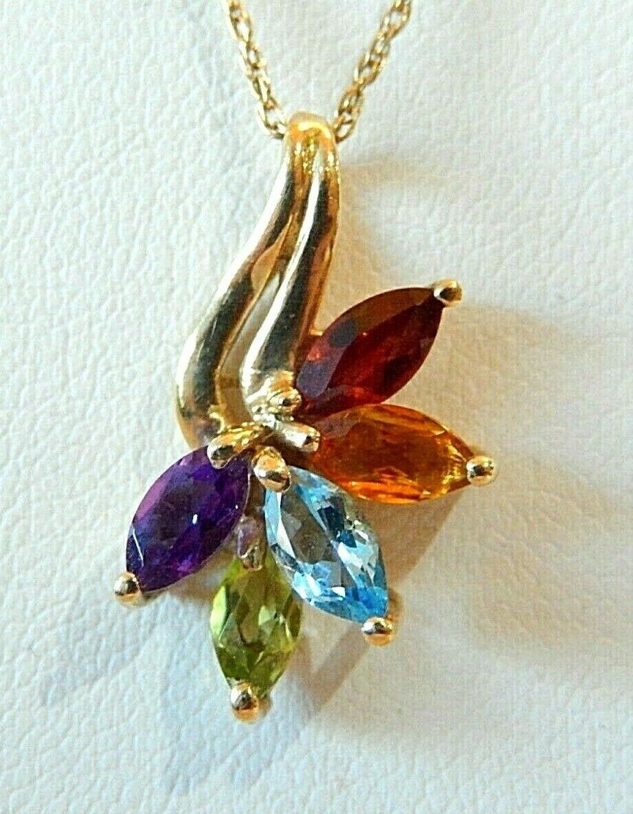 *VINTAGE* 10k Yellow Gold Multi Gem Free Form Cluster Pendant w/14K 18" Chain