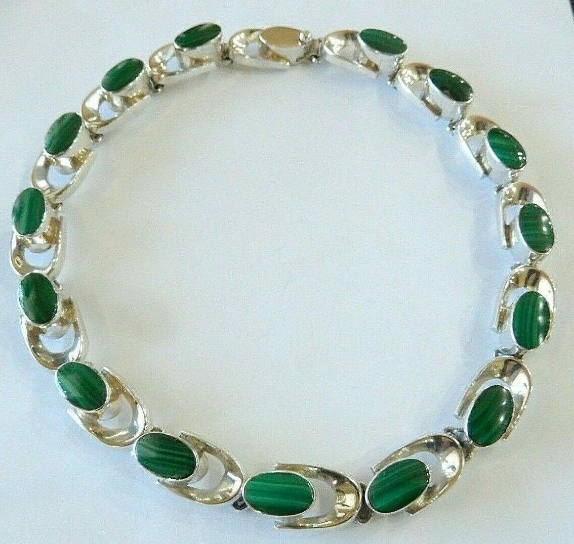 *RARE* VINTAGE HEAVY 175g TC-79 TAXCO 925 STERLING  MALACHITE LINK NECKLACE 18”