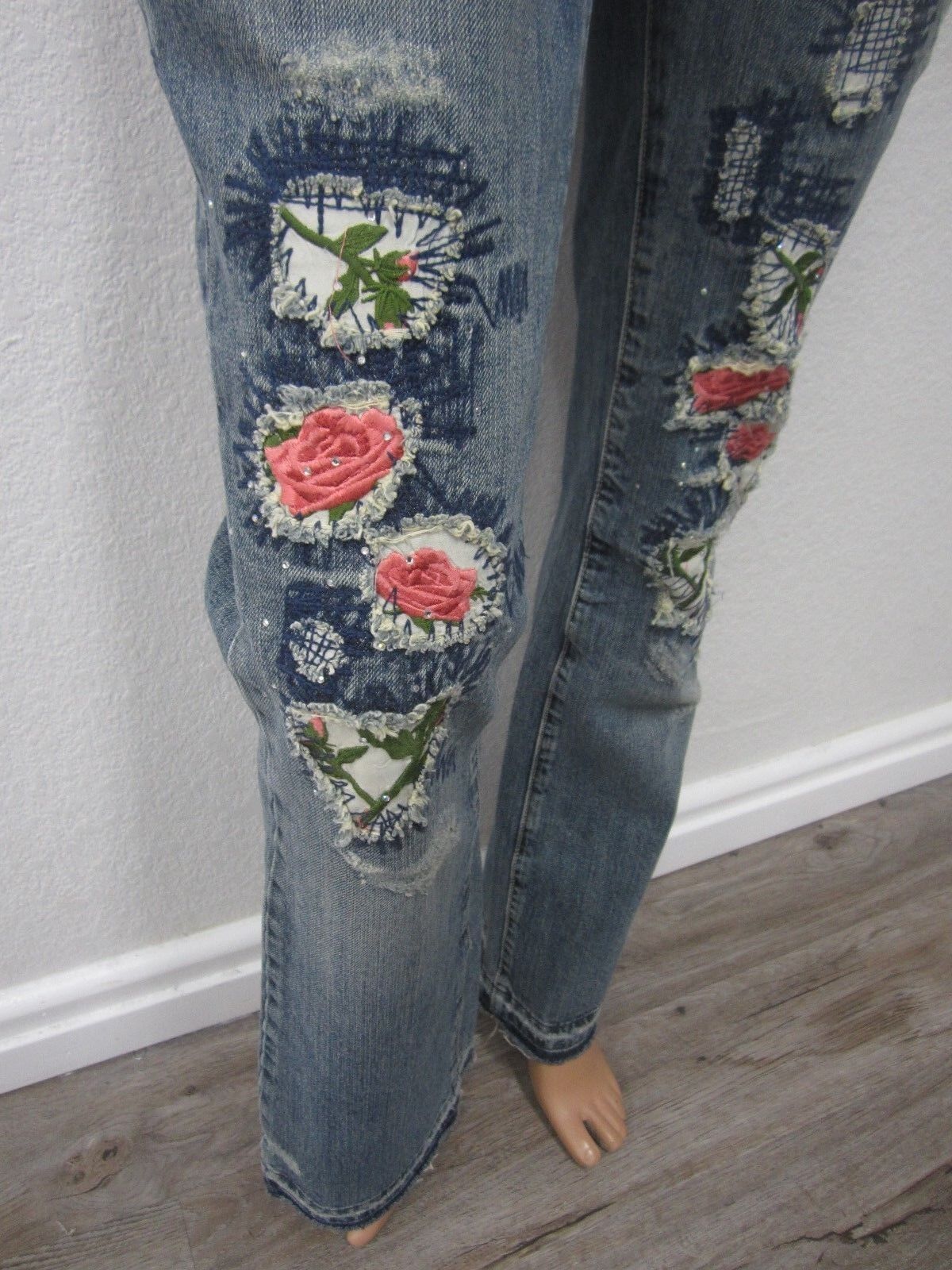NICEMISS ME JP4152F Denim Embroidery Holes Patchwork Flowers Flare Jeans 26 x 33