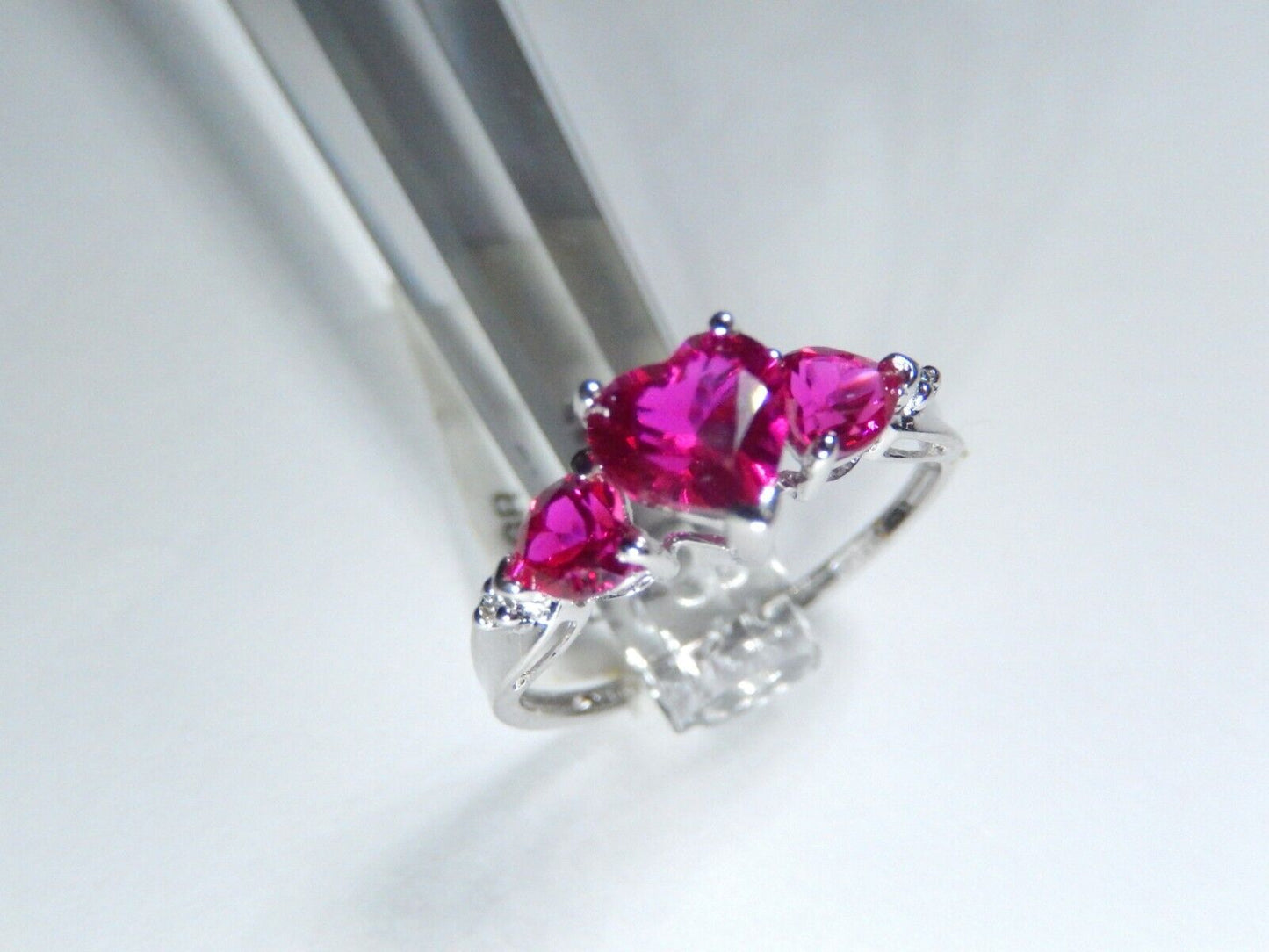*NWT* 10K White Gold Heart Lab Created Ruby & Natural Diamond Ring Sz 7.5