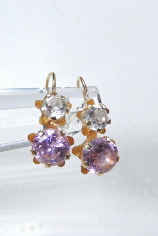 14K Yellow Gold Created Pink & White Sapphire Stone Hook Earrings