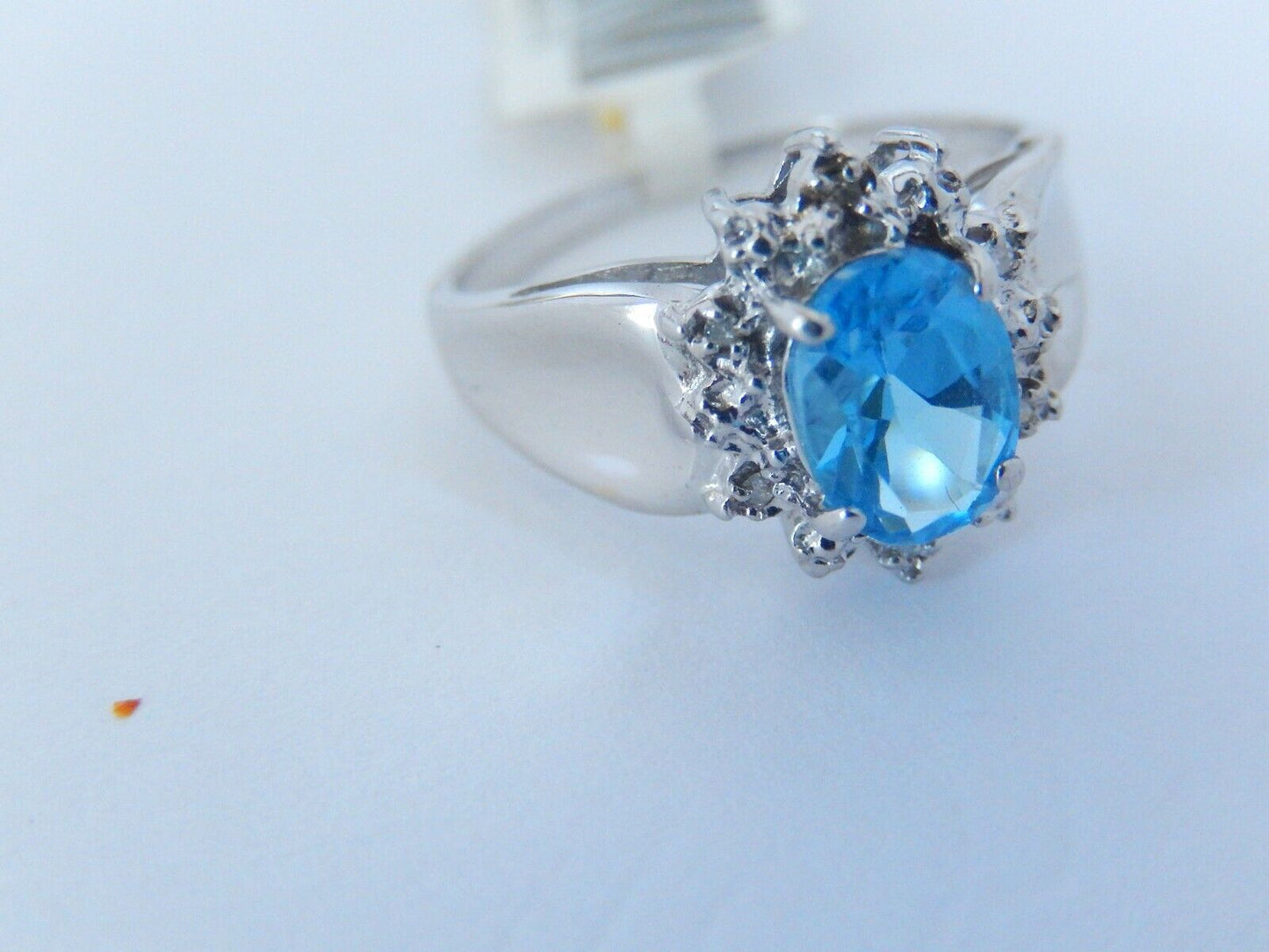 10k White Gold Halo Diamond Blue Topaz & Diamond Ring Size 5.75