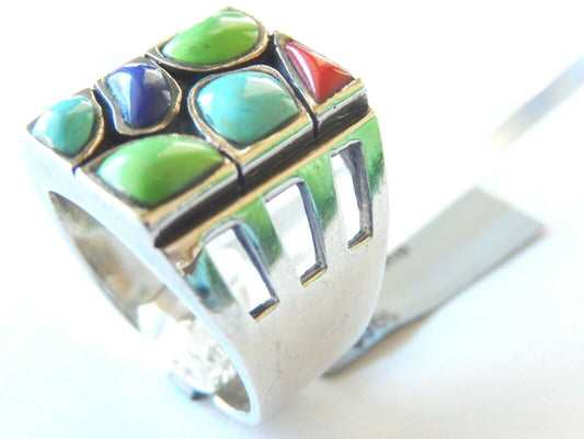 *VINTAGE* Large Size Native Amer. Sterling Silver Turquoise/Coral Ring Size 7.5