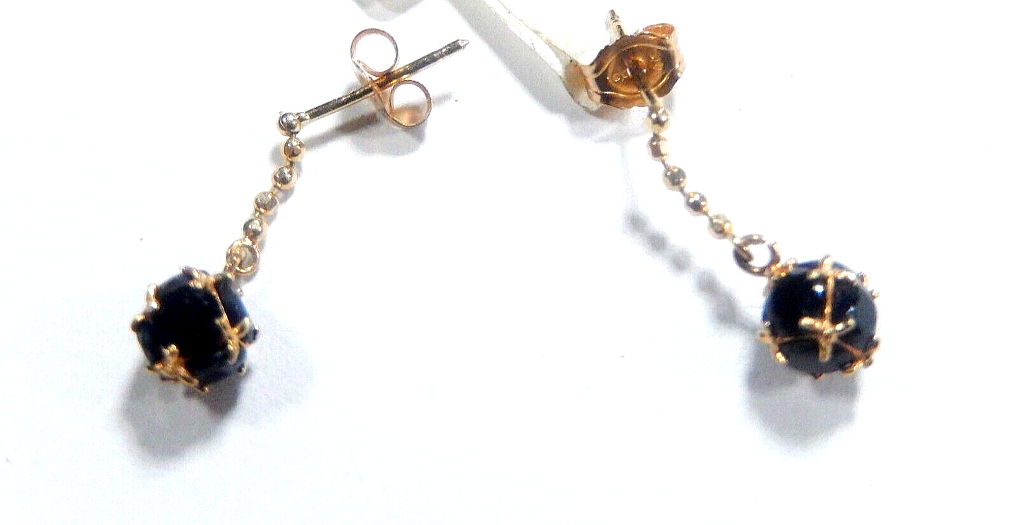 *VINTAGE*  14K Solid Yellow Gold Beaded Dangle Black Onyx  5.5 mm Earrings