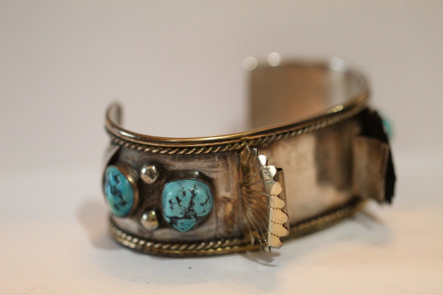 Native American Indian Turquoise Nuggets Sterling Silver Stamped Watch Bracelet