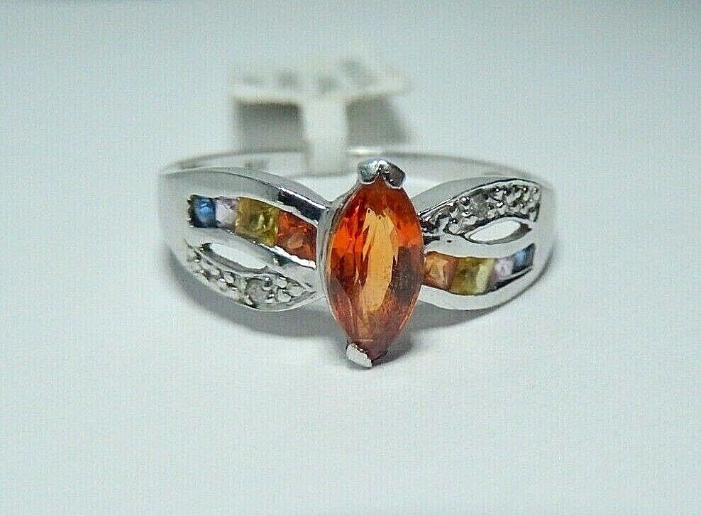 VINTAGE* 10K WHITE GOLD .50CT MADEIRA CITRINE & GEMSTONE WOMENS RING BAND Sz 7.5
