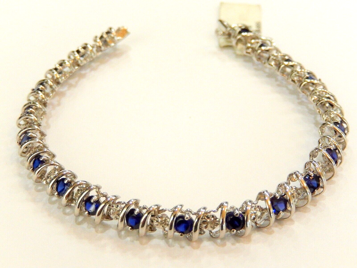 *NWT* 10K White Gold 3.50 CT  Sapphire & Diamond 7.5mm 11.2gm  "S" Bracelet 7"