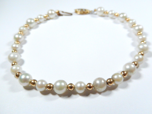 *VINTAGE*   14K Yellow Gold 3mm BEADS & 5.5mm Round Pearl Bracelet 7"