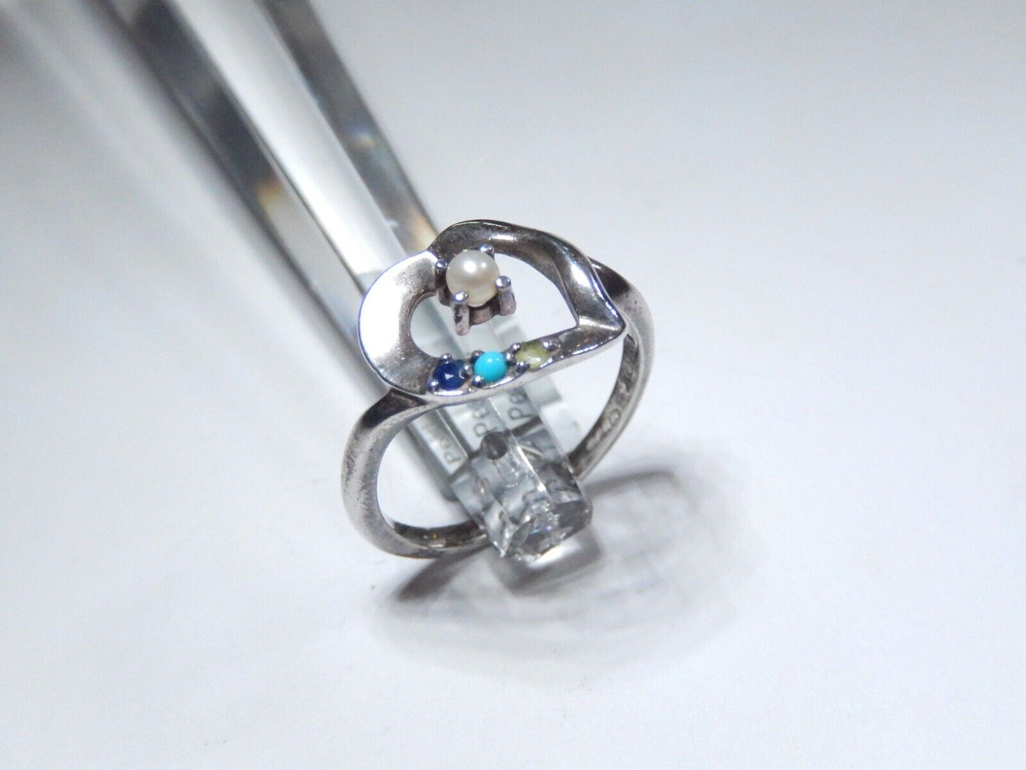 *VINTAGE*  OPEN HEART PEARL & GEMSTONE STERLING SILVER 925 RING SIZE 8.5