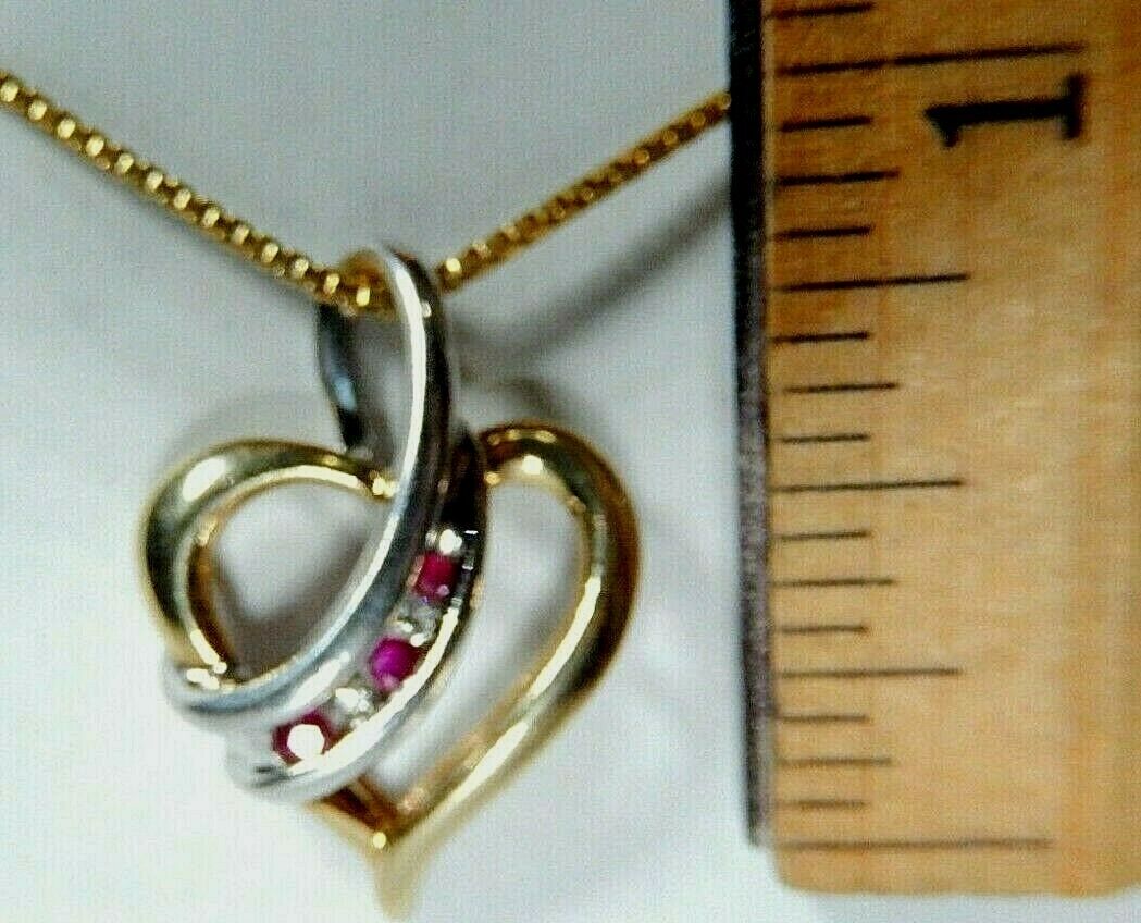 10k Yellow And White Gold Two Tone Ruby And Diamond Heart Pendant w/18" Chain
