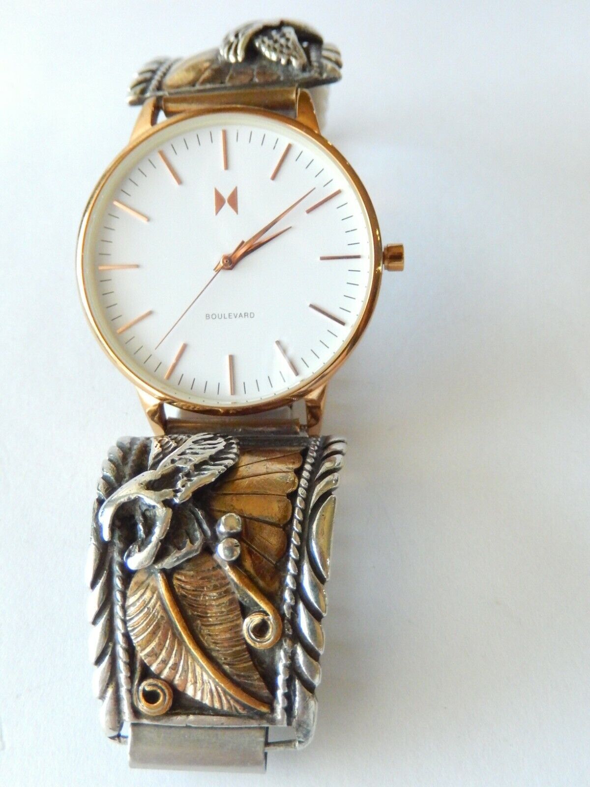 Signed Navajo 14K Gold Sterling Silver Men's Watch Band  w/ MVMT Quartz Watch
