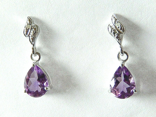 *NEW* 10K Solid White Gold 2.00CT Pear Amethyst & Diamond Drop Dangle Earrings