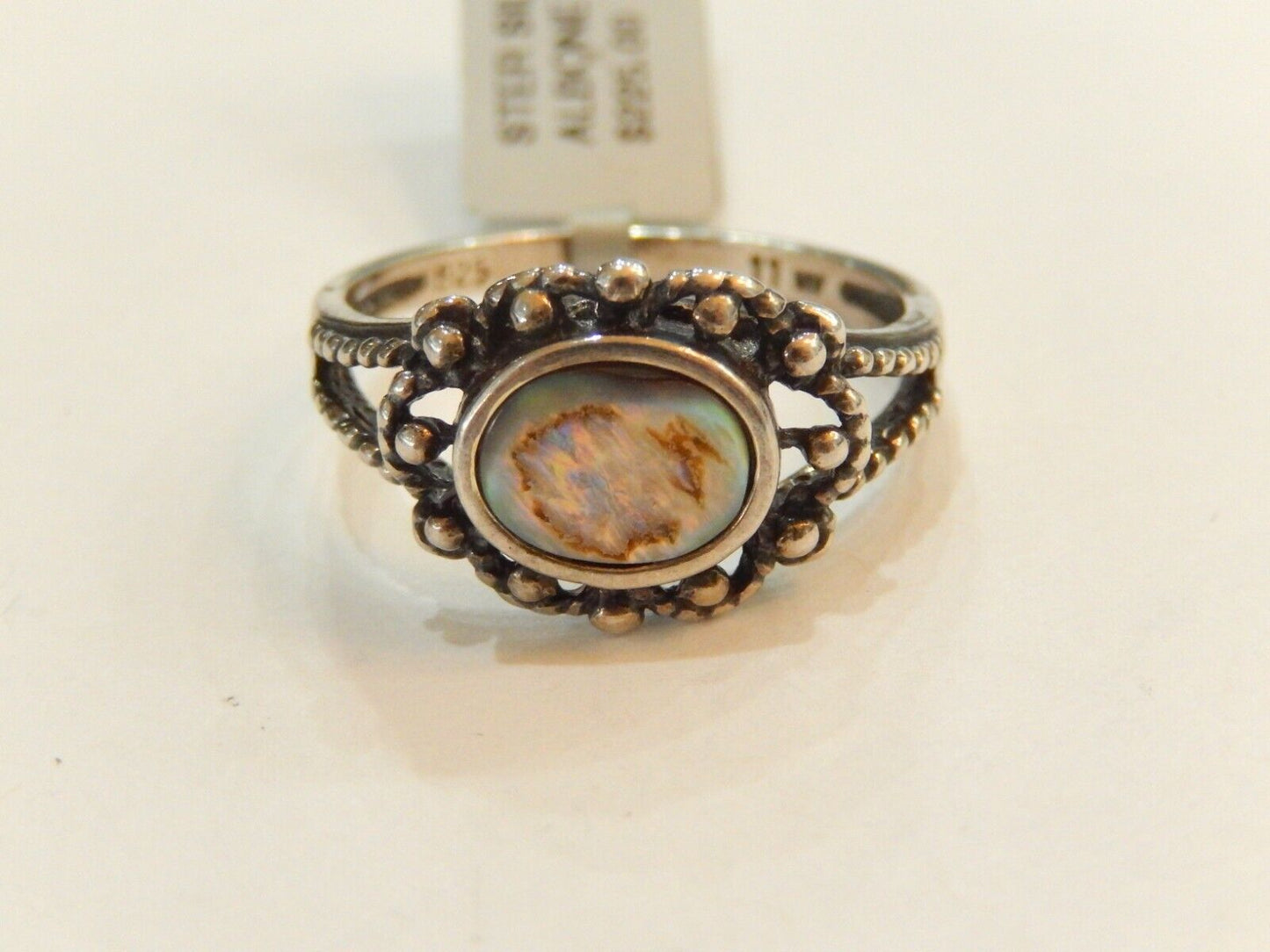 STERLING SILVER 925 SOLITAIRE ABALONE WITH BEADWORK  RING SIZE 11