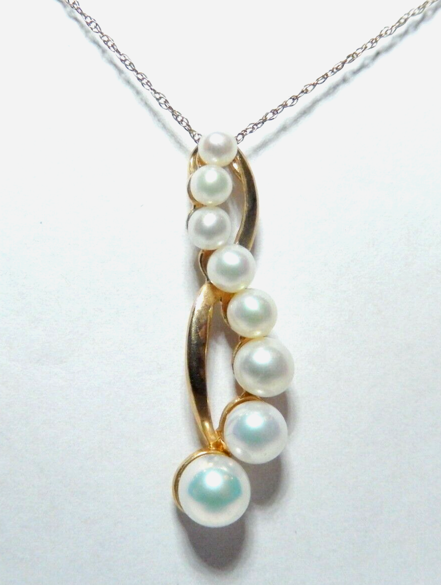 *VINTAGE* 10K Yellow Gold Cultured 8  Pearl  Journey Pendant w/16" Chain