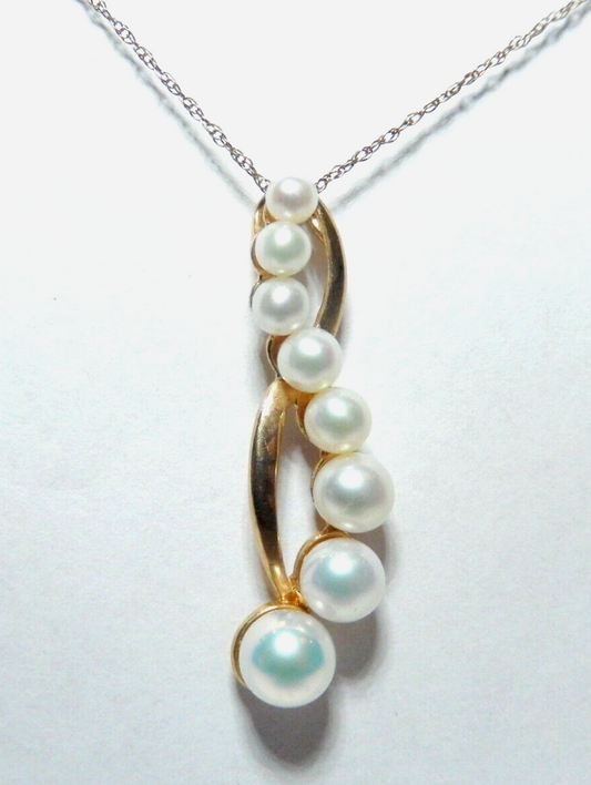 *VINTAGE* 10K Yellow Gold Cultured 8  Pearl  Journey Pendant w/16" Chain