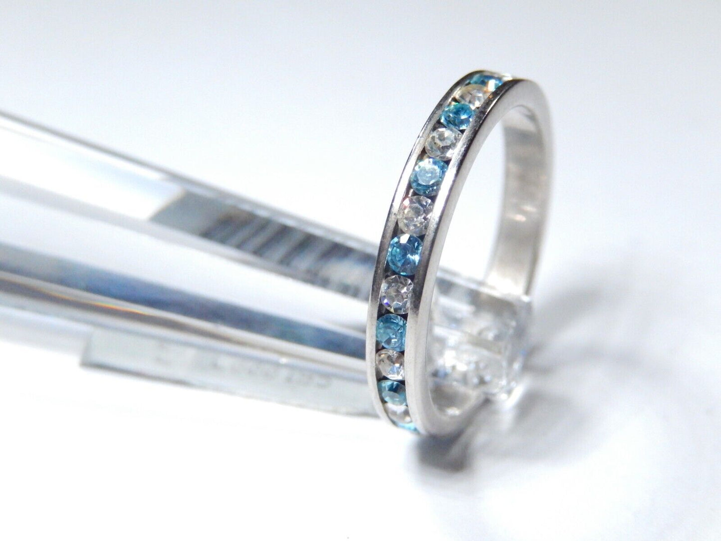 *VINTAGE*  3mm  Swiss Blue Topaz & CZ Eternity Band Ring in Sterling Silver Sz 7