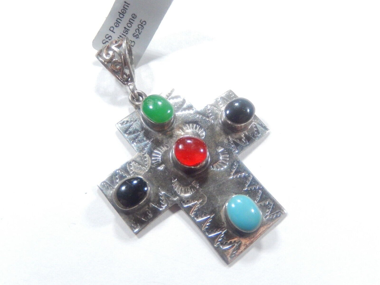 *VINTAGE*  LARGE Taxco Mexico Sterling Silver Multi Gem Cross Pendant Signed