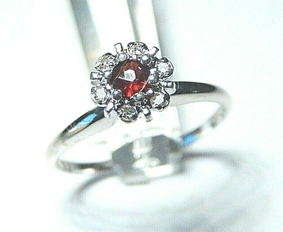 *NWT* 14k White Gold  Red Ruby And White Round Diamond Halo Ring Size 6.25