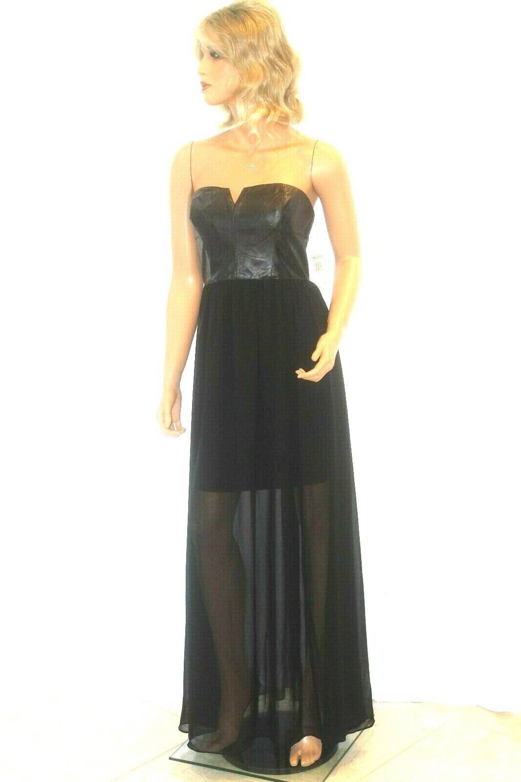 *NWT* $138.  Betsey Johnson Black Chiffon & Faux Leather Strapless Maxi Dress 12