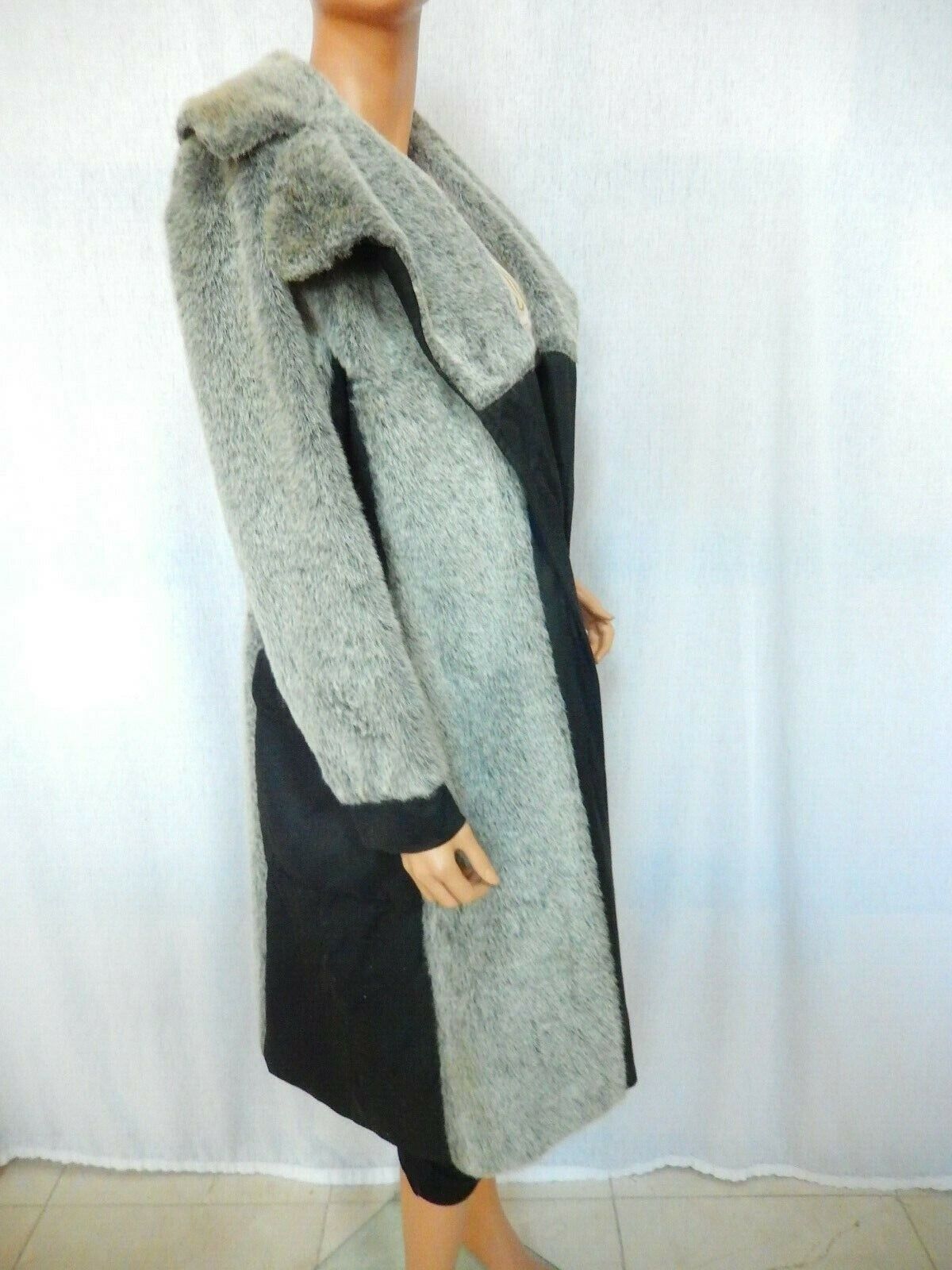 VINTAGE BETTY ROSE  LONG BLACK & GREY FAUX FUR COAT SIZE SMALL