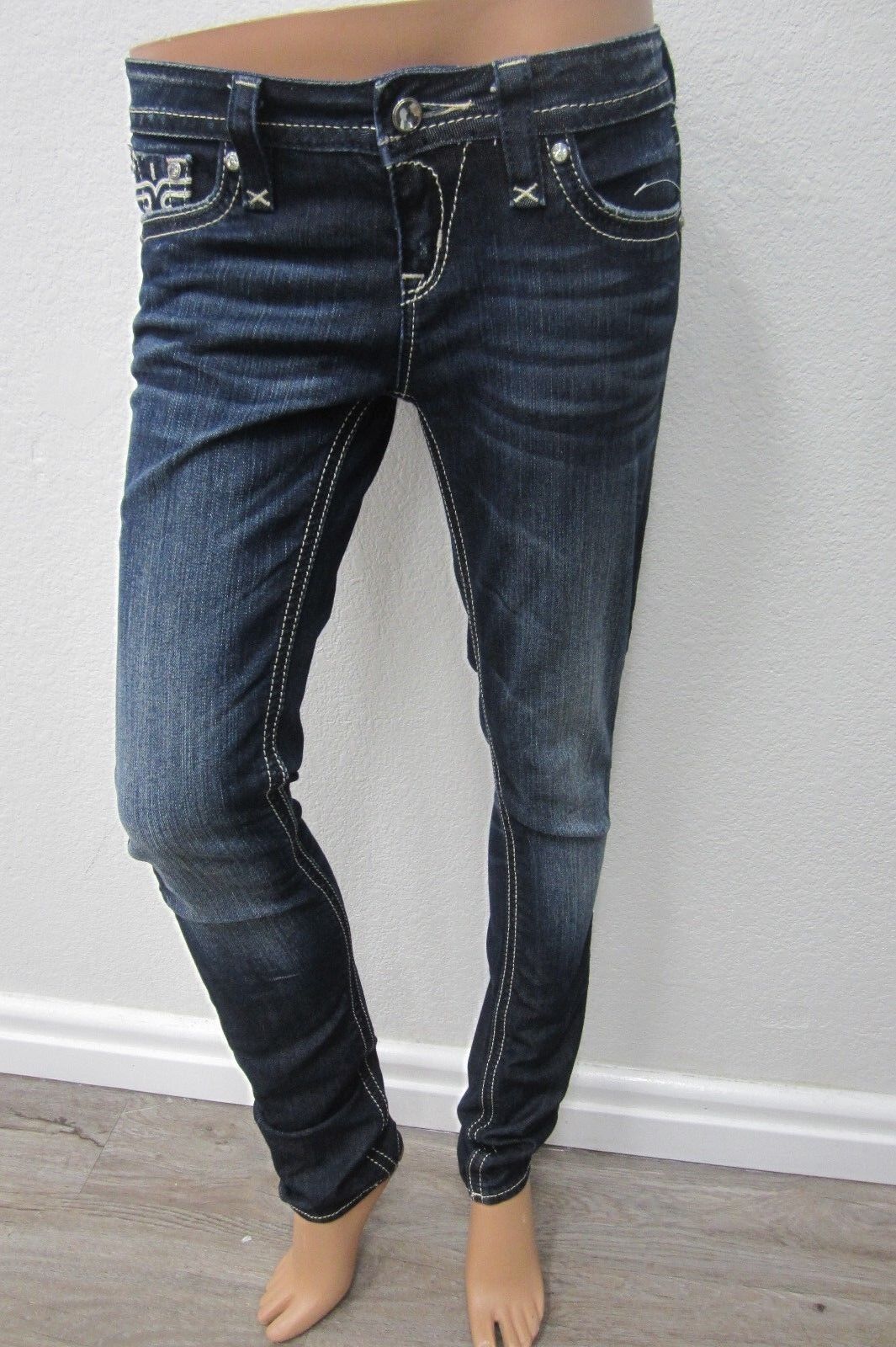 NWOT  Womens Rock Revival SORA Skinny Stretch DARK Denim  CRYSTAL Jeans Sz 26x32