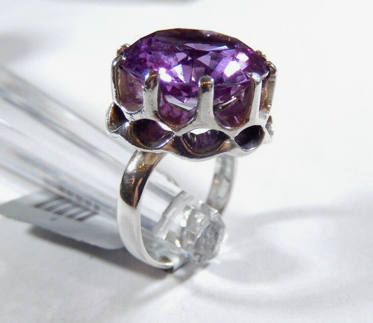 *VINTAGE* Sterling Round 12.00 Ct 15mm Faceted Amethyst Huge Ring SZ 5.25