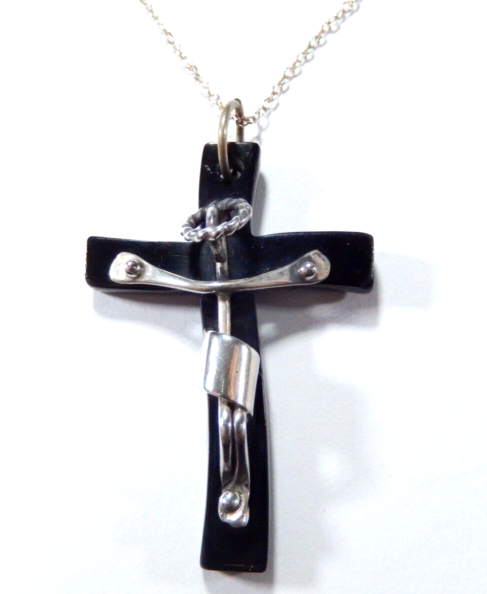 Black Onyx And Sterling Silver Cross Pendant with 18" Sterling Chain