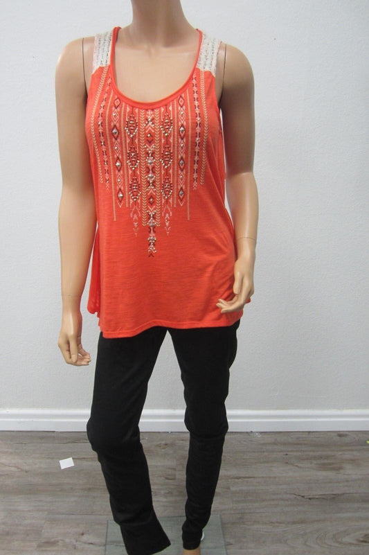 *NWT* MISS ME Lace Layered Orange Sleeveless Tank Women's  Top Size M