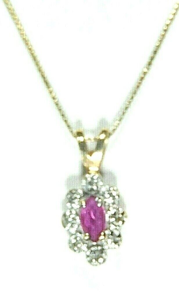 *VINTAGE* 14k Yellow Gold Marquise Ruby Pendant w/ 8 Diamond Halo w/18" 14kChain