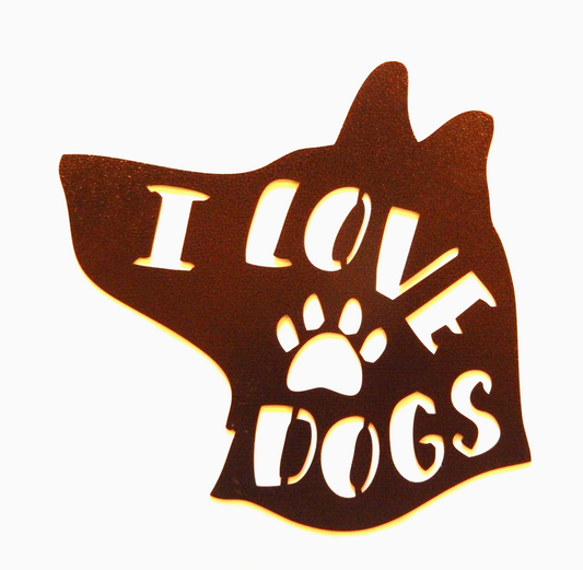 "I LOVE DOGS" 14 gauge thick Powder Coated Copper Tone Metal Wall Art 12"x12