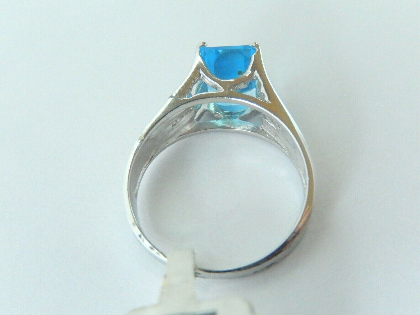 10K White Gold Emerald Cut  London Blue Topaz with Diamond Accent Sz 7.5
