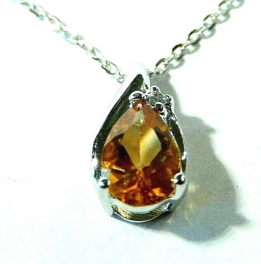 *NWT* 14k White Gold 1.00 CT Pear Citrine And Diamond Pendant with 18" Chain