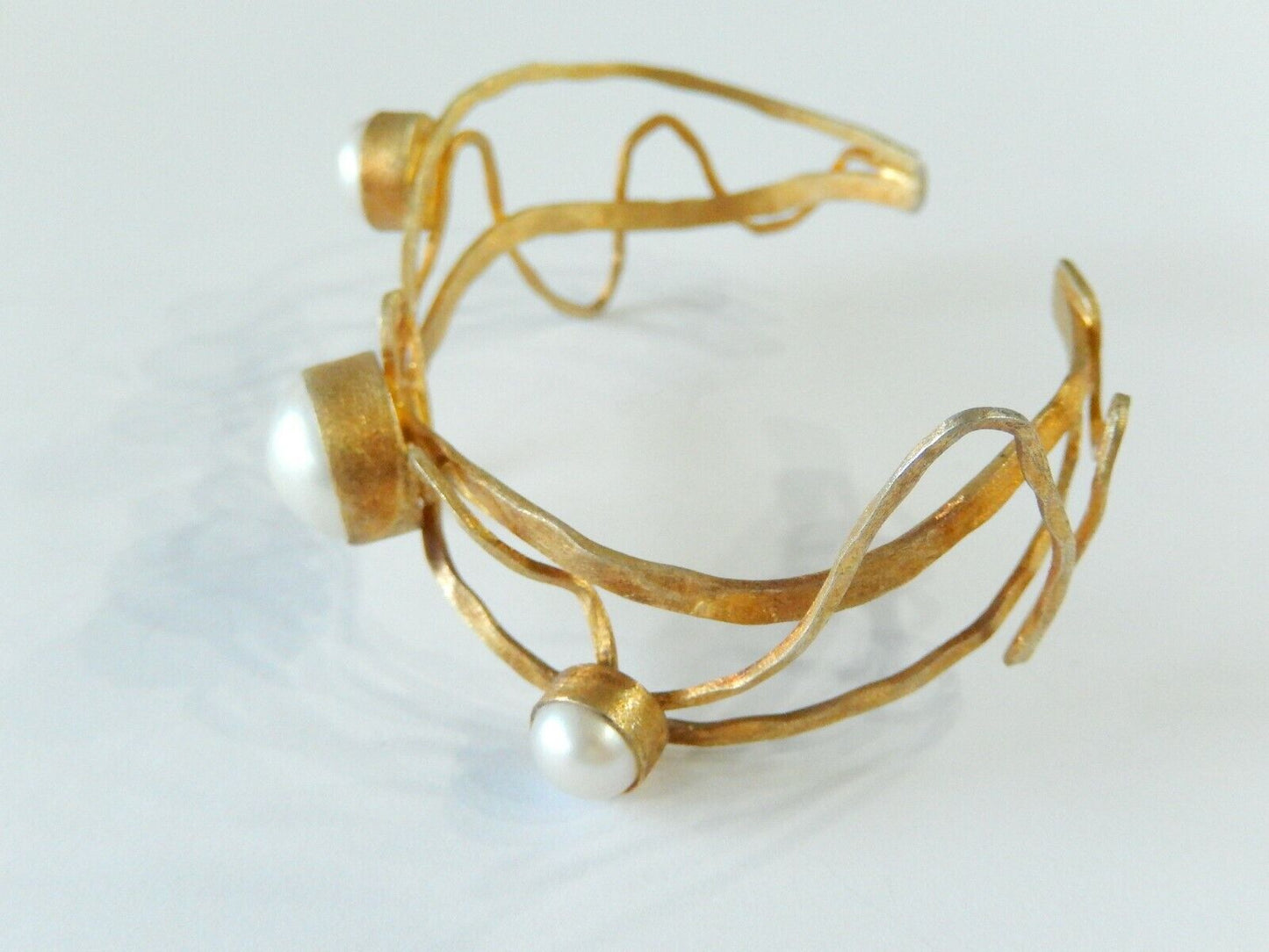 *VINTAGE* Designer JS Handmade Pearl 925 Sterling Silver Jewelry Cuff Bracelet