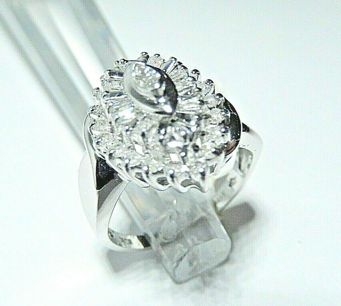 *NWT* 10K White Gold.75 CT Round & Baguette Shape Diamond Marquise Cluster Ring