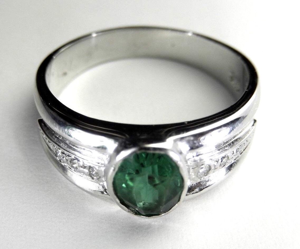 Emerald & Round Diamond Bezel Set Ring 14k White Gold Size 7.5