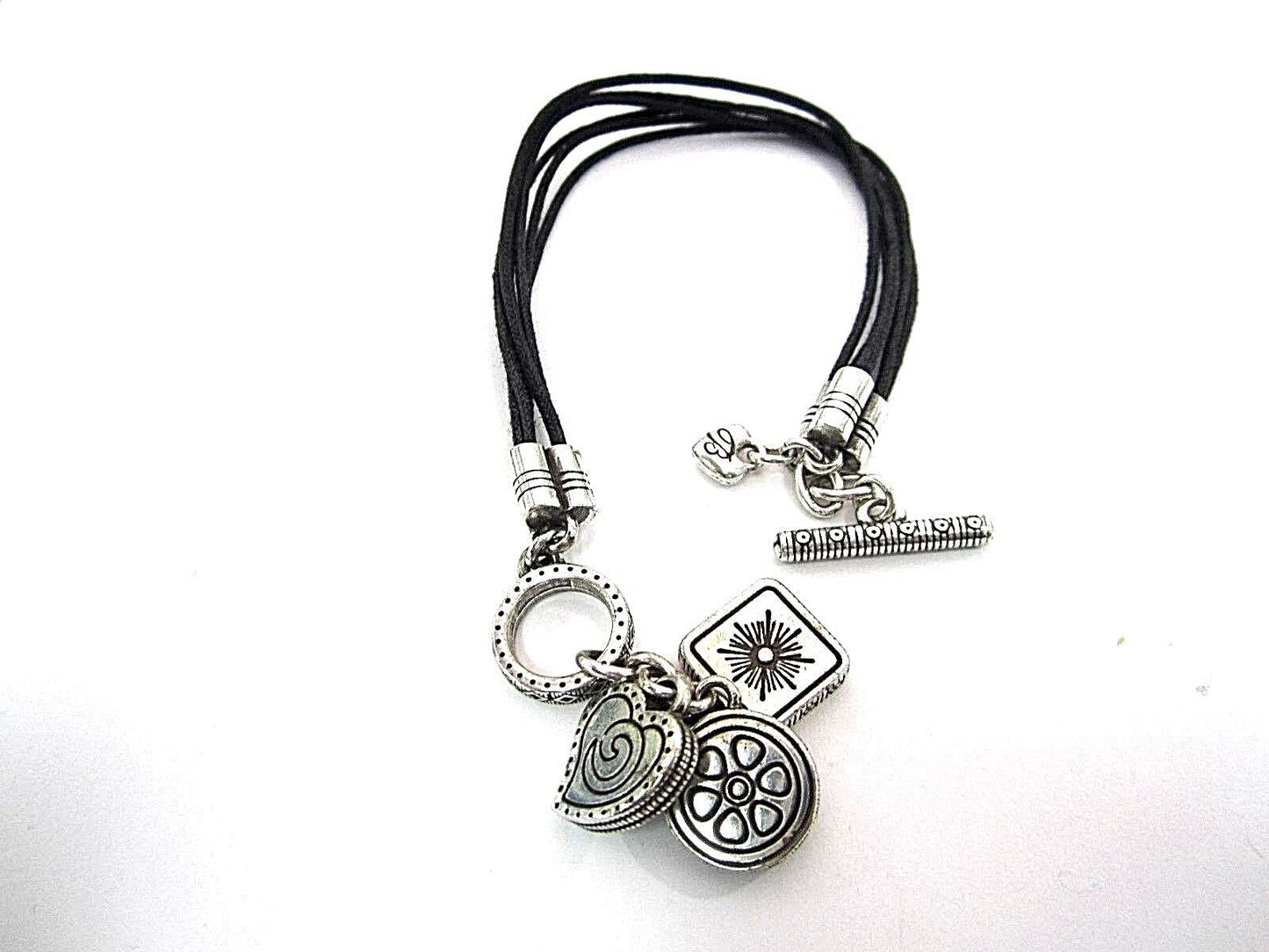 RETIRED Brighton Silver And Black Hearts Bracelet on Six Cords Bracelet Toggle