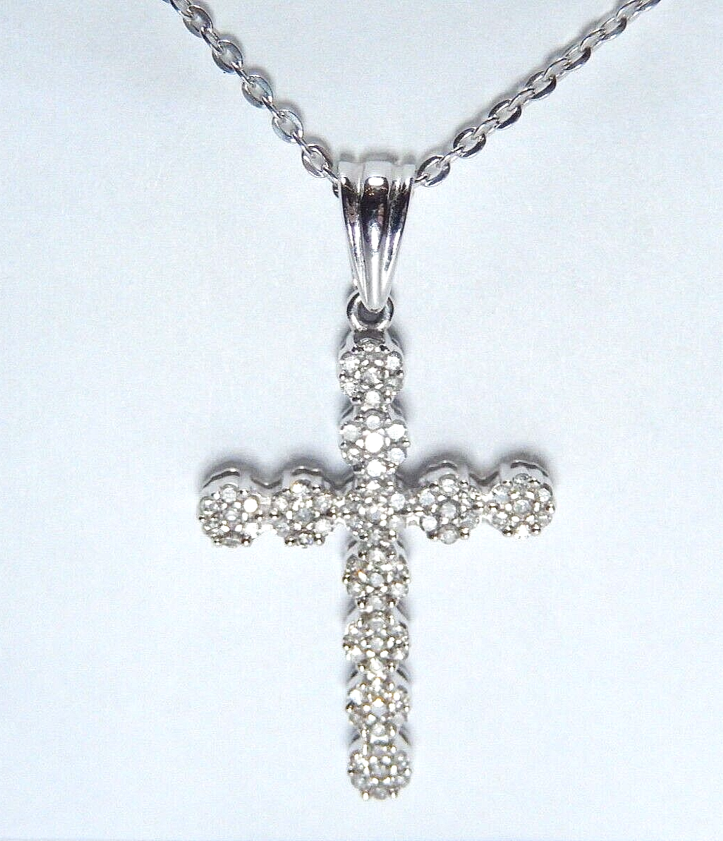 *NEW* 10k White Gold .40CT 77 Natural Diamond Cross Pendant w/18" Chain