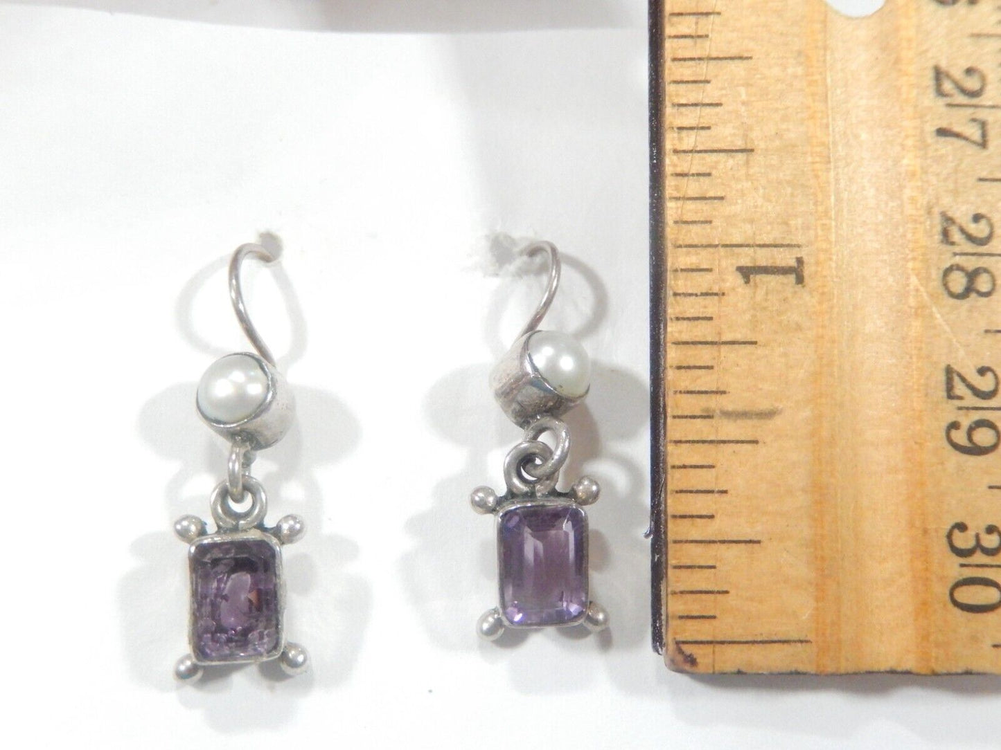 *VINTAGE*   Sterling Silver Amethyst  & Pearl Drop Dangle Earrings