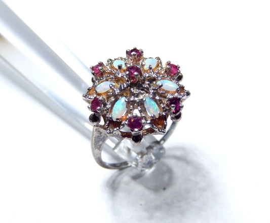 *VINTAGE*  Sterling Silver 925 RUBIES & OPALS Ladies Cocktail RING Size 5.5